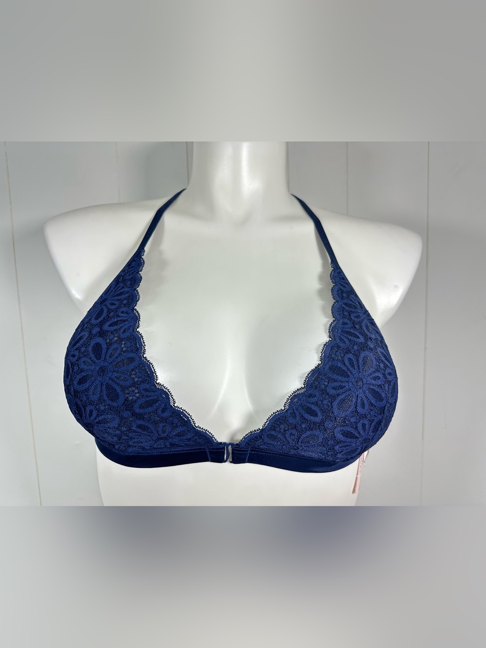NWT Victorias Secret Sz L Navy Blue Floral Lace Front Clasp T-Strap Bralette